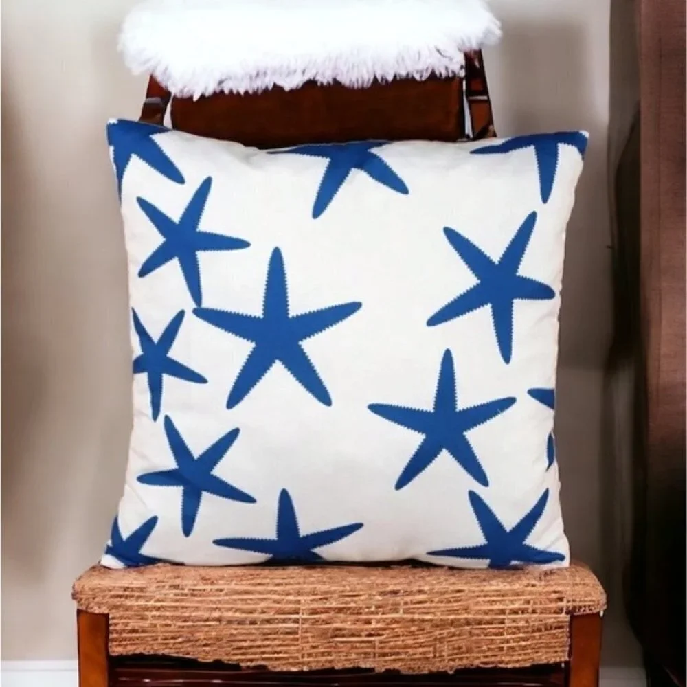 Coastal Starfish Pillow Cover Beach Nautical Square Blue White 17. 7 X 17.7 in